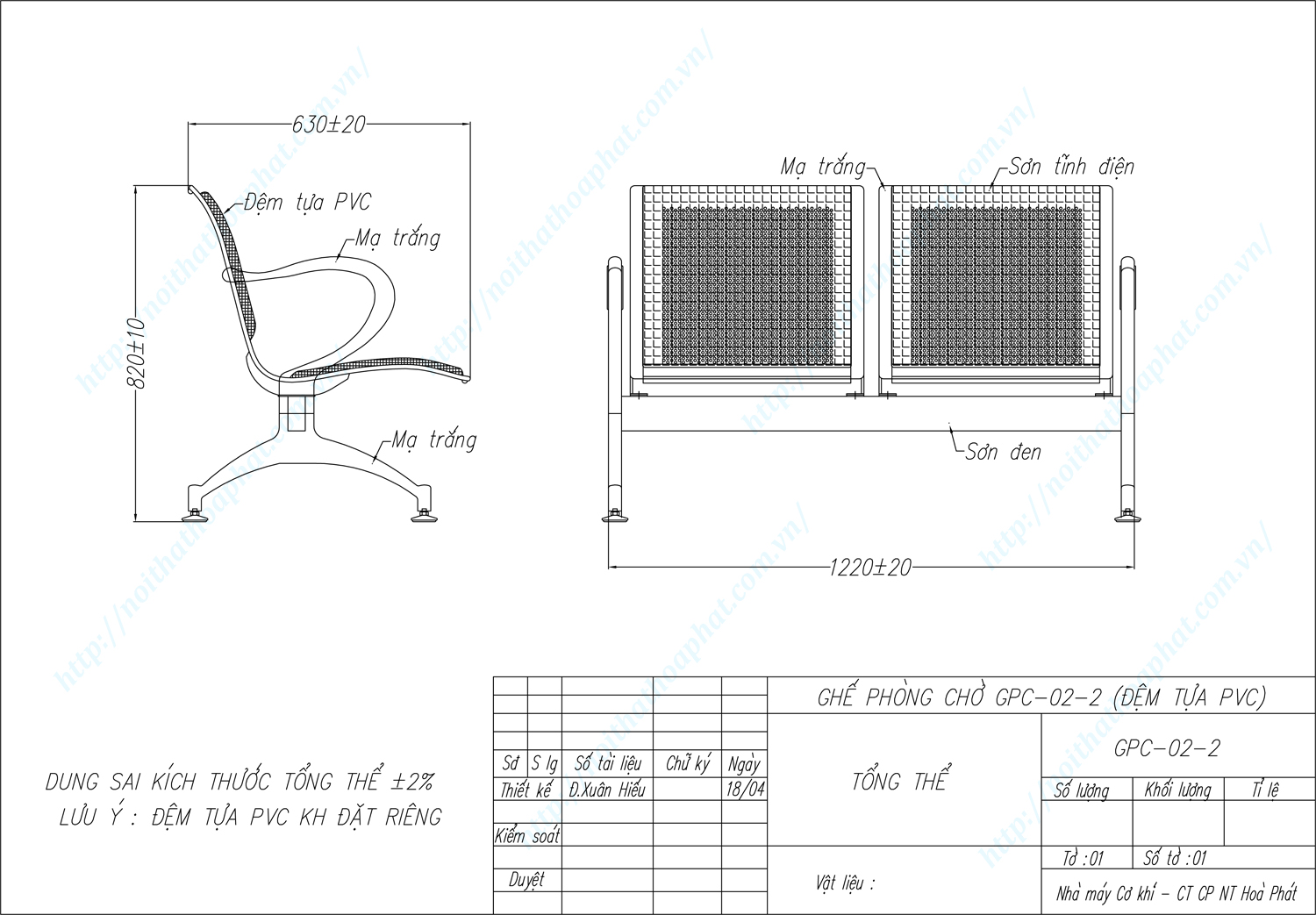 Bản vẽ kỹ thuật ghế phòng chờ 2 chỗ ngồi GPC02-2