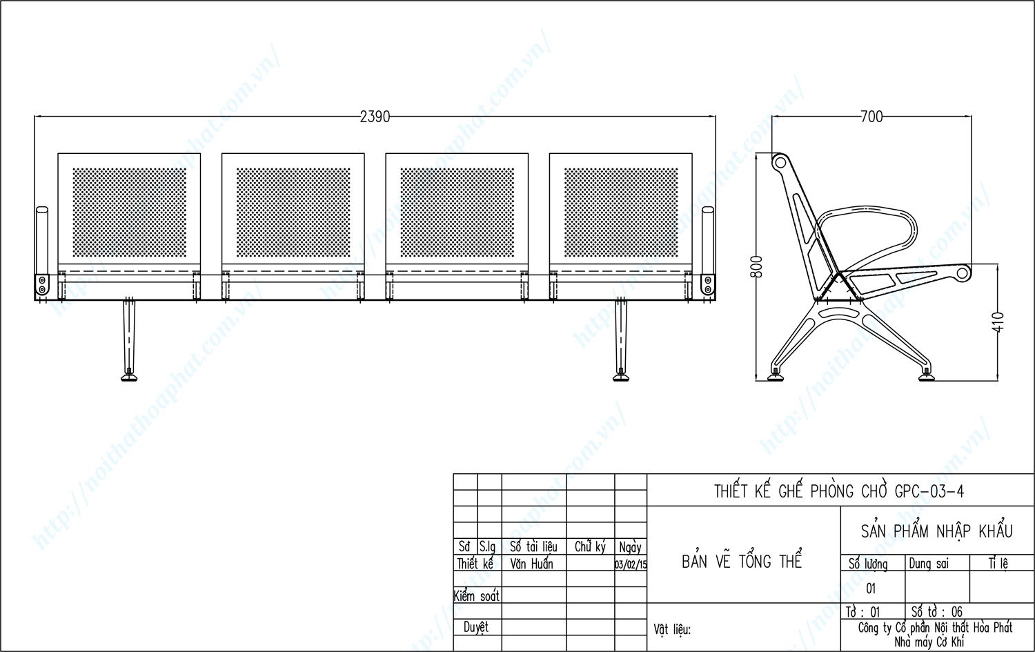 Bản vẽ kỹ thuật ghế phòng chờ 4 chỗ ngồi GPC03-4