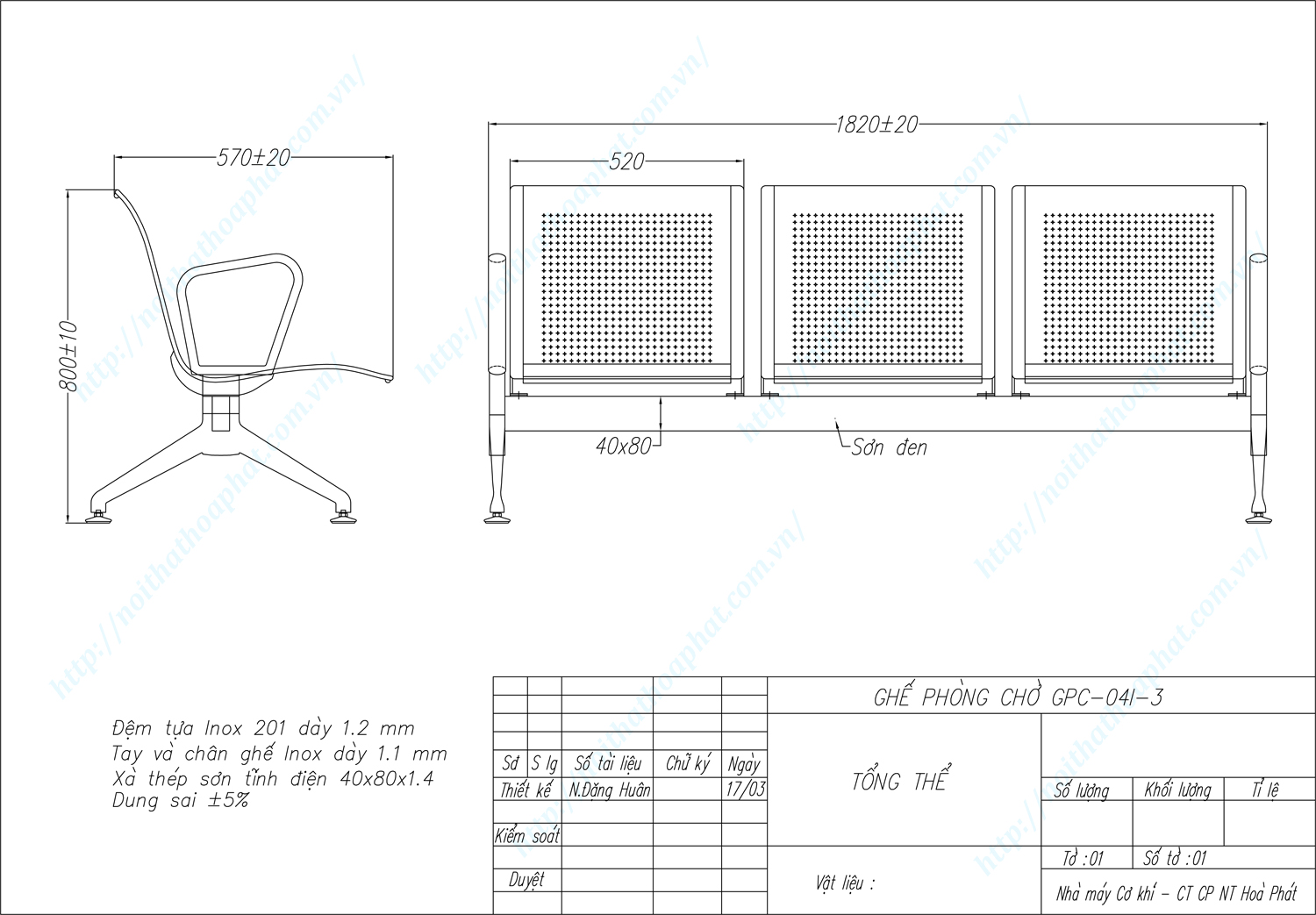Bản vẽ kỹ thuật ghế phòng chờ inox 3 chỗ GPC04I-3