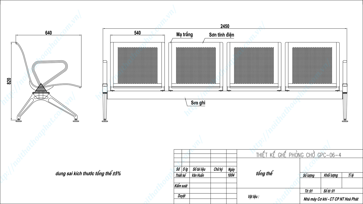Bản vẽ kỹ thuật ghế phòng chờ 4 chỗ GPC06-4