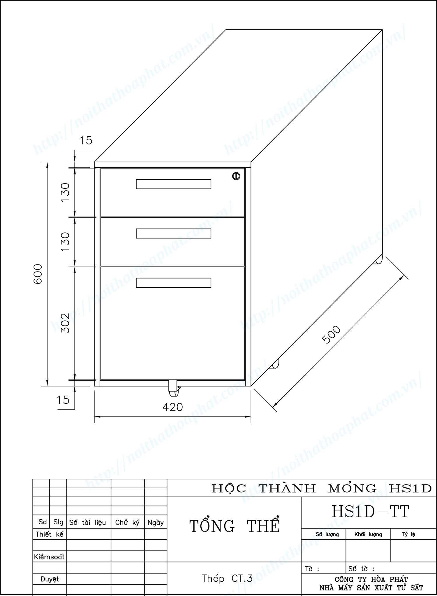 Bản vẽ kỹ thuật thiết kế hộc sắt di động 3 ngăn kéo HS1D