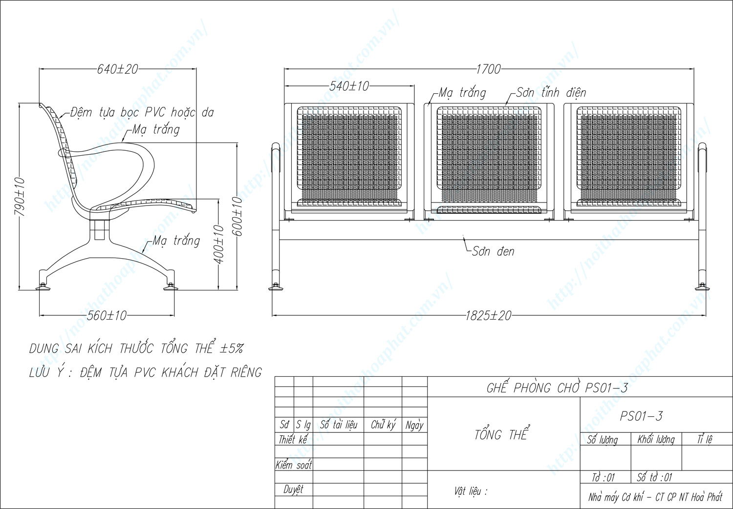 Bản vẽ kỹ thuật ghế phòng chờ 3 chỗ PS01-3