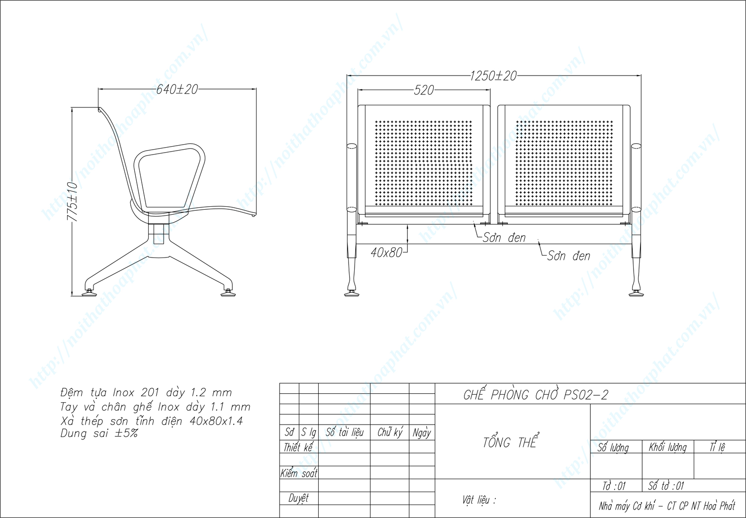 Bản vẽ kỹ thuật ghế phòng chờ Inox 2 chỗ PS02-2