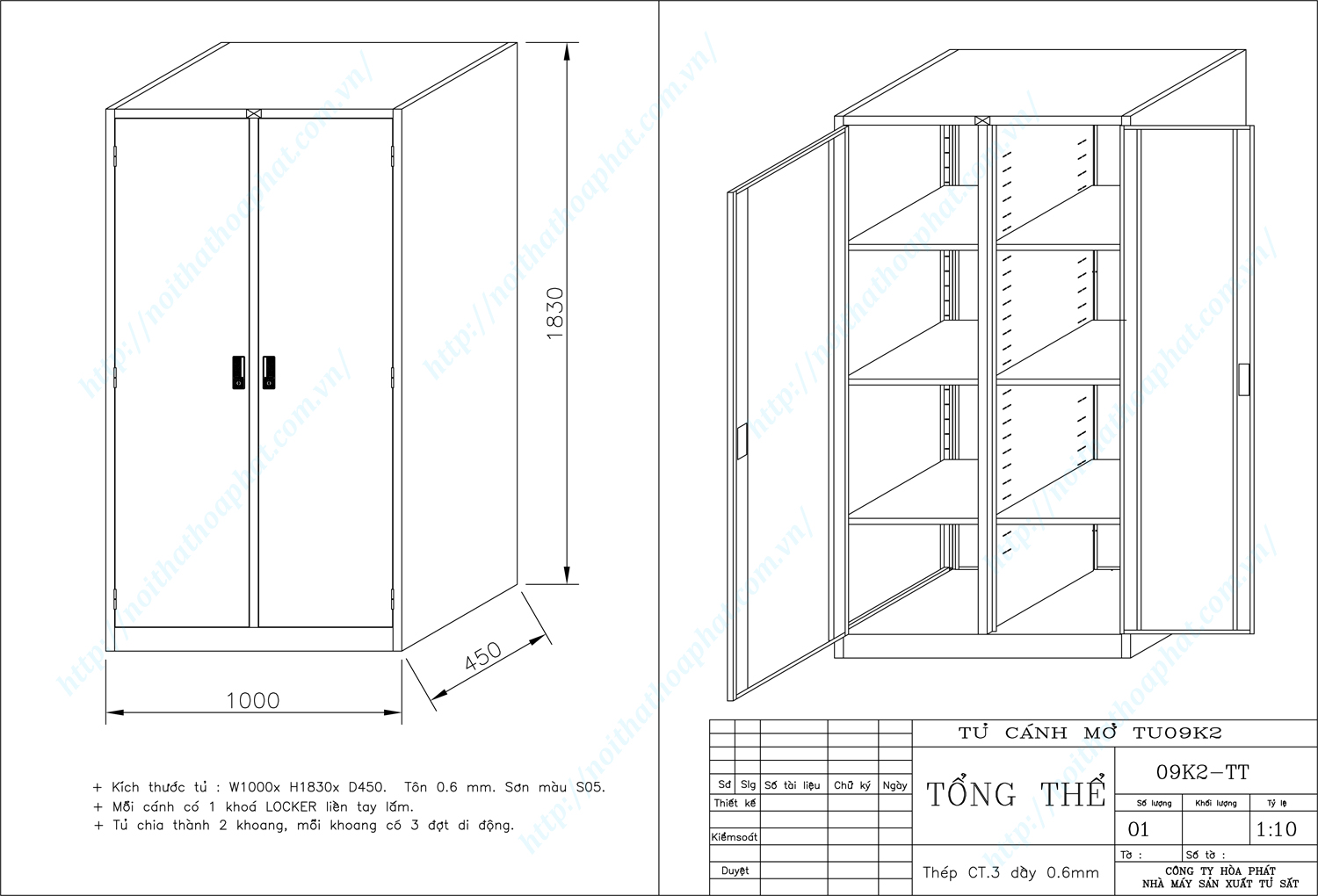 Bản vẽ kỹ thuật thiết kế tủ hồ sơ sắt 2 khoang TU09K2