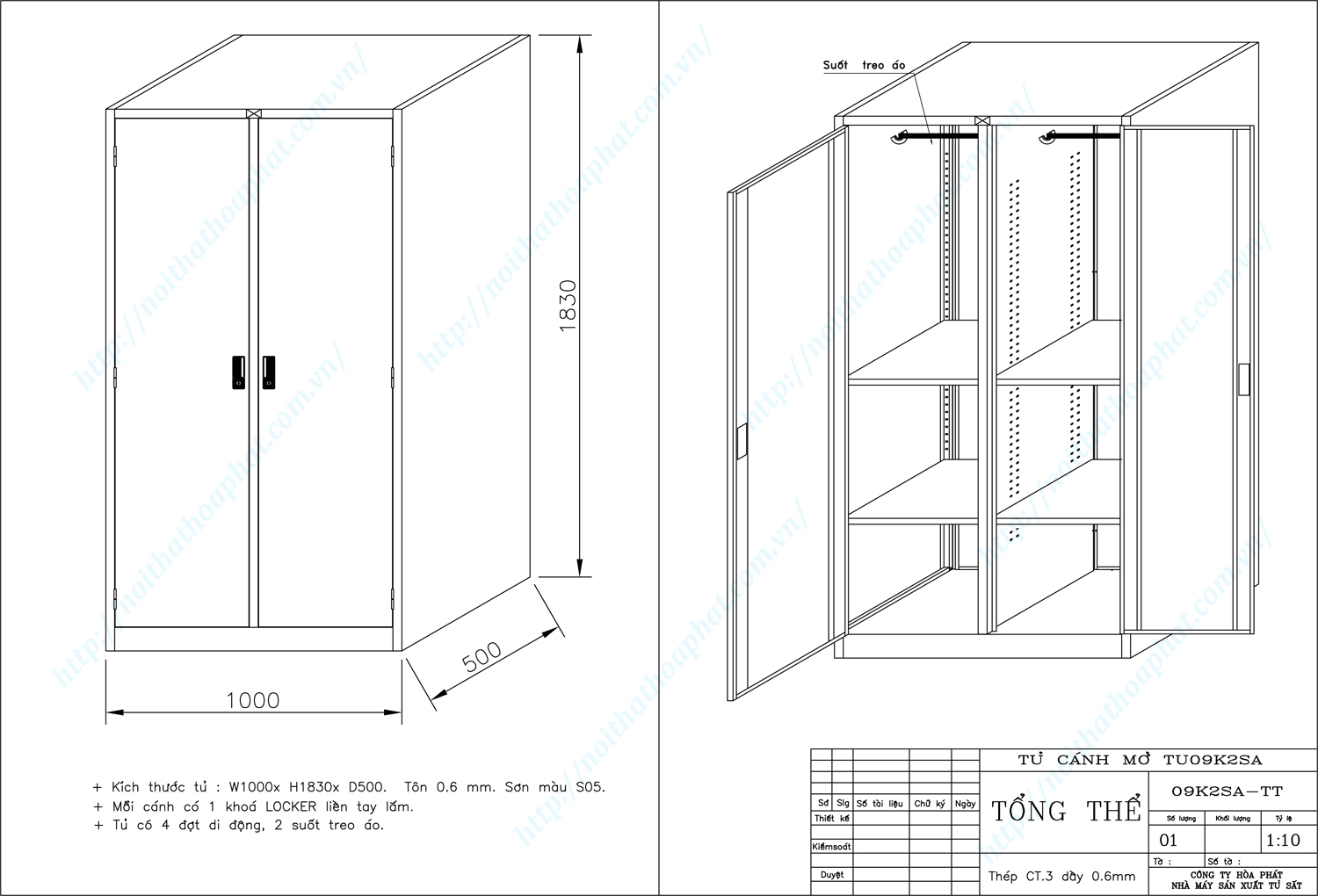 Bản vẽ kỹ thuật thiết kế tủ sắt sơn tĩnh điện TU09K2SA