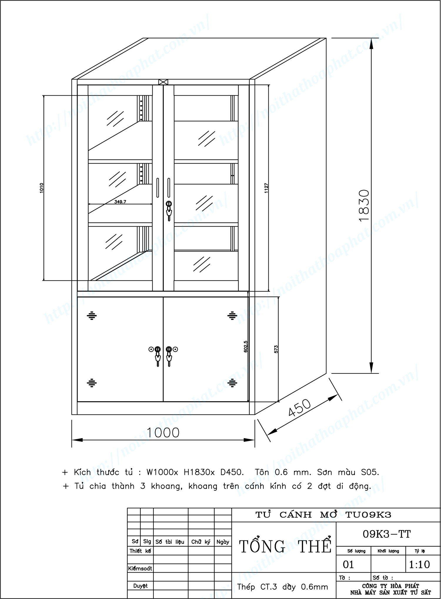 Bản vẽ kỹ thuật thiết kế tủ sắt sơn tĩnh điện cánh kính TU09K3