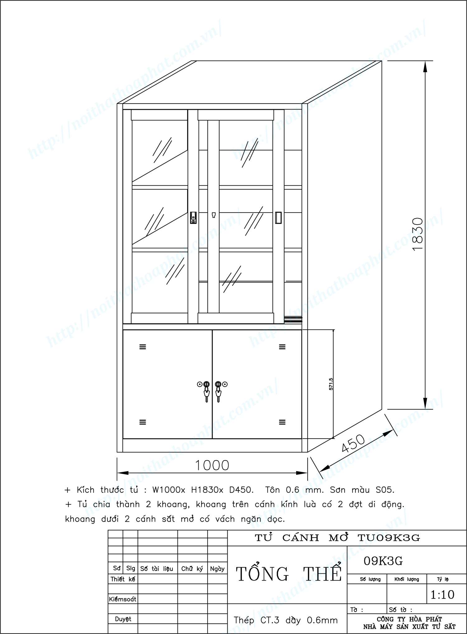 Bản vẽ kỹ thuật thiết kế tủ hồ sơ sắt cánh kính lùa TU09K3G