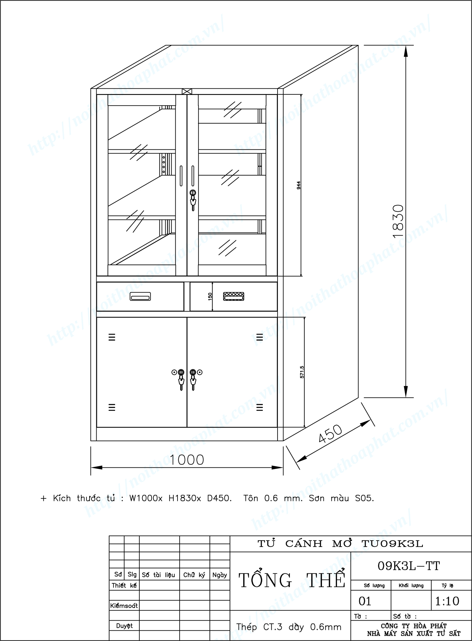 Bản vẽ kỹ thuật thiết kế tủ hồ sơ sắt 3 khoang TU09K3L