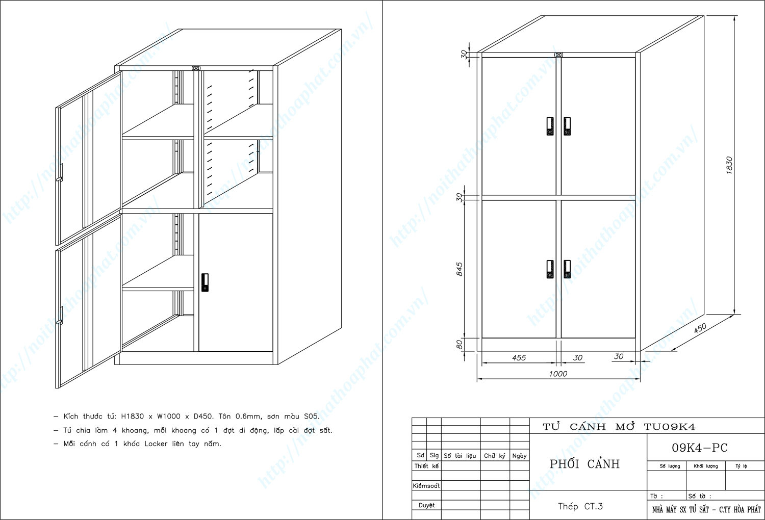 Bản vẽ kỹ thuật thiết kế tủ hồ sơ sắt 4 khoang TU09K4