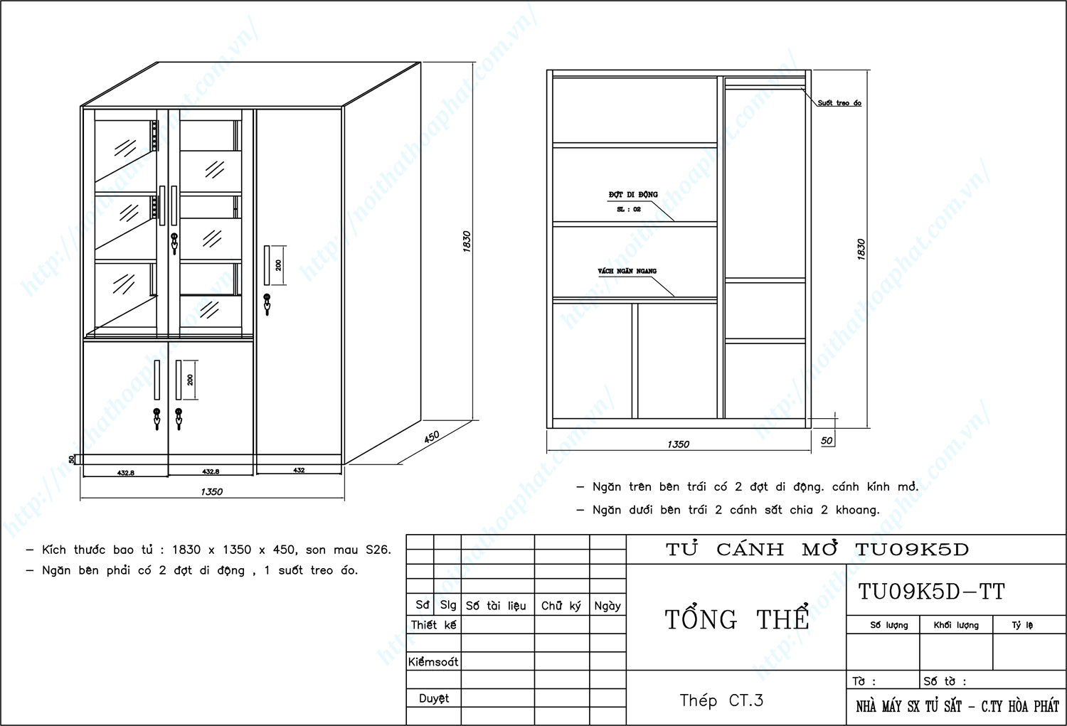Bản vẽ kỹ thuật thiết kế tủ hồ sơ sắt TU09K5D