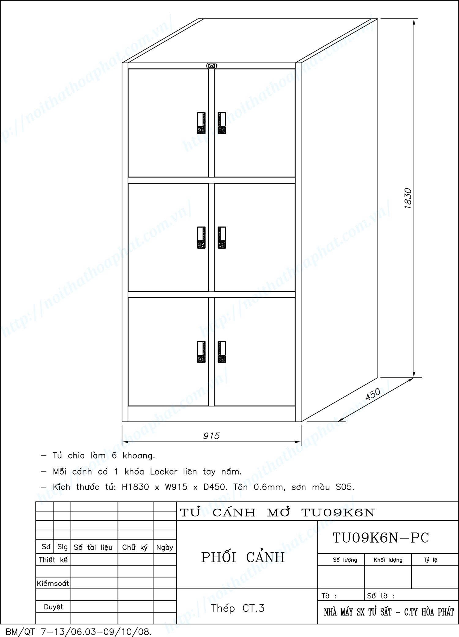 Bản vẽ kỹ thuật thiết kế tủ hồ sơ sắt 6 khoang TU09K6N