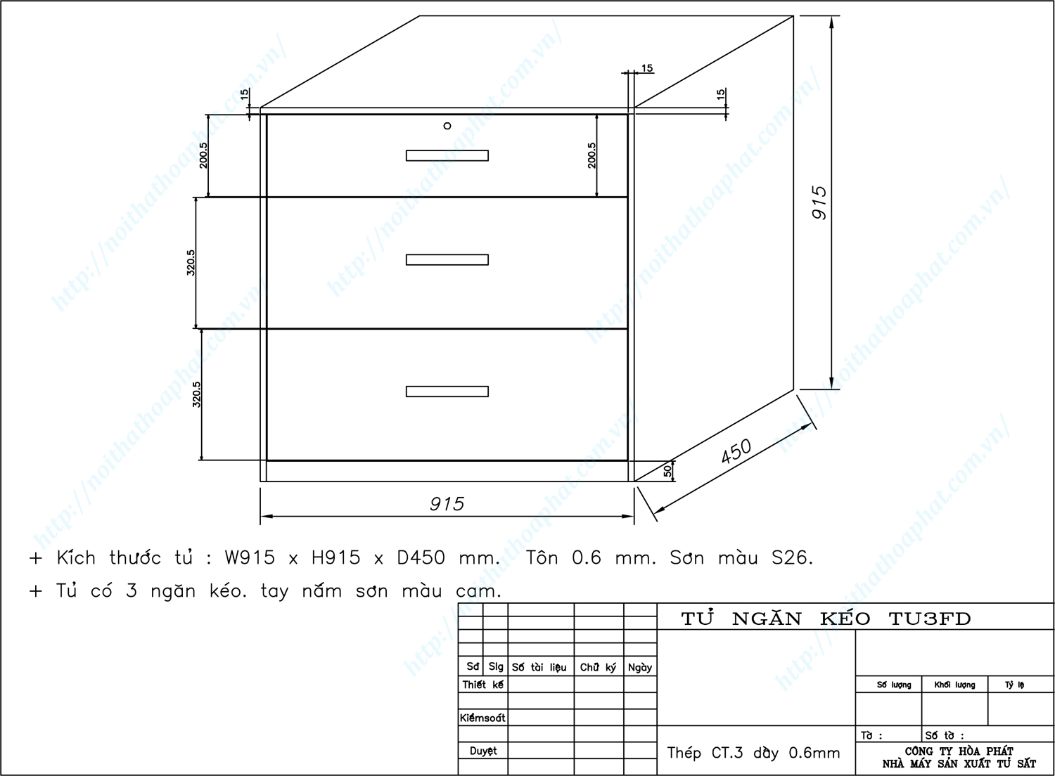 Bản vẽ kỹ thuật thiết kế tủ sắt 3 ngăn kéo TU3FD