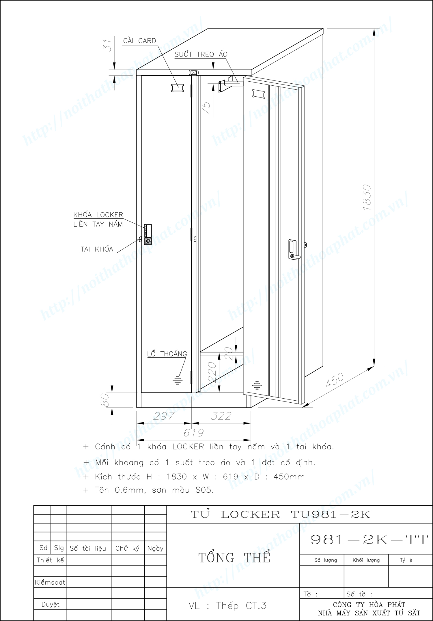 Bản vẽ kỹ thuật tủ locker 2 ngăn TU981-2K