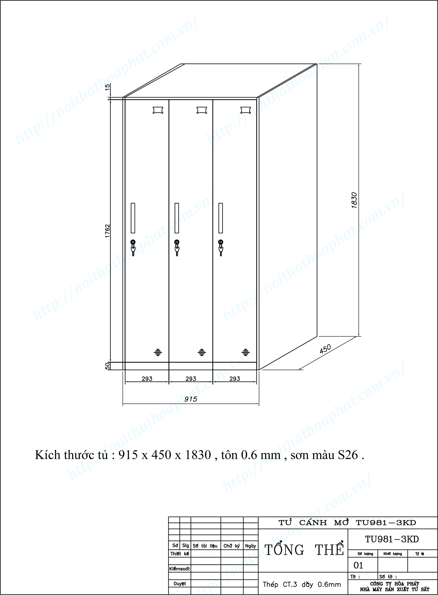 Bản vẽ kỹ thuật thiết kế tủ sắt 3 khoang TU981-3KD