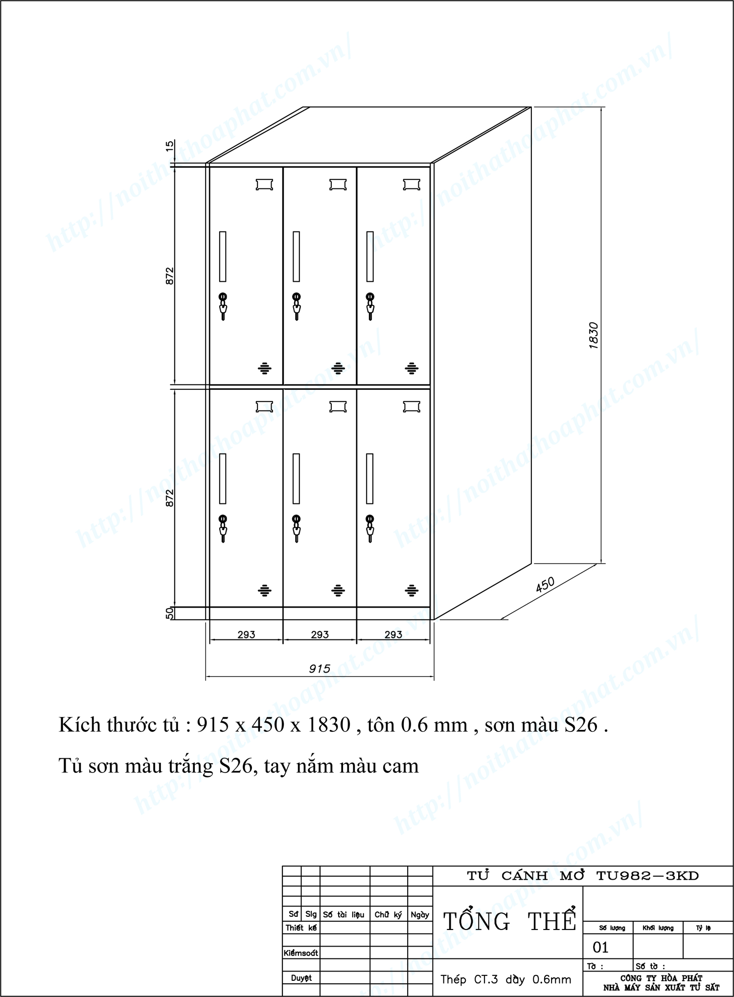 Bản vẽ kỹ thuật thiết kế tủ sắt 6 khoang TU982-3KD