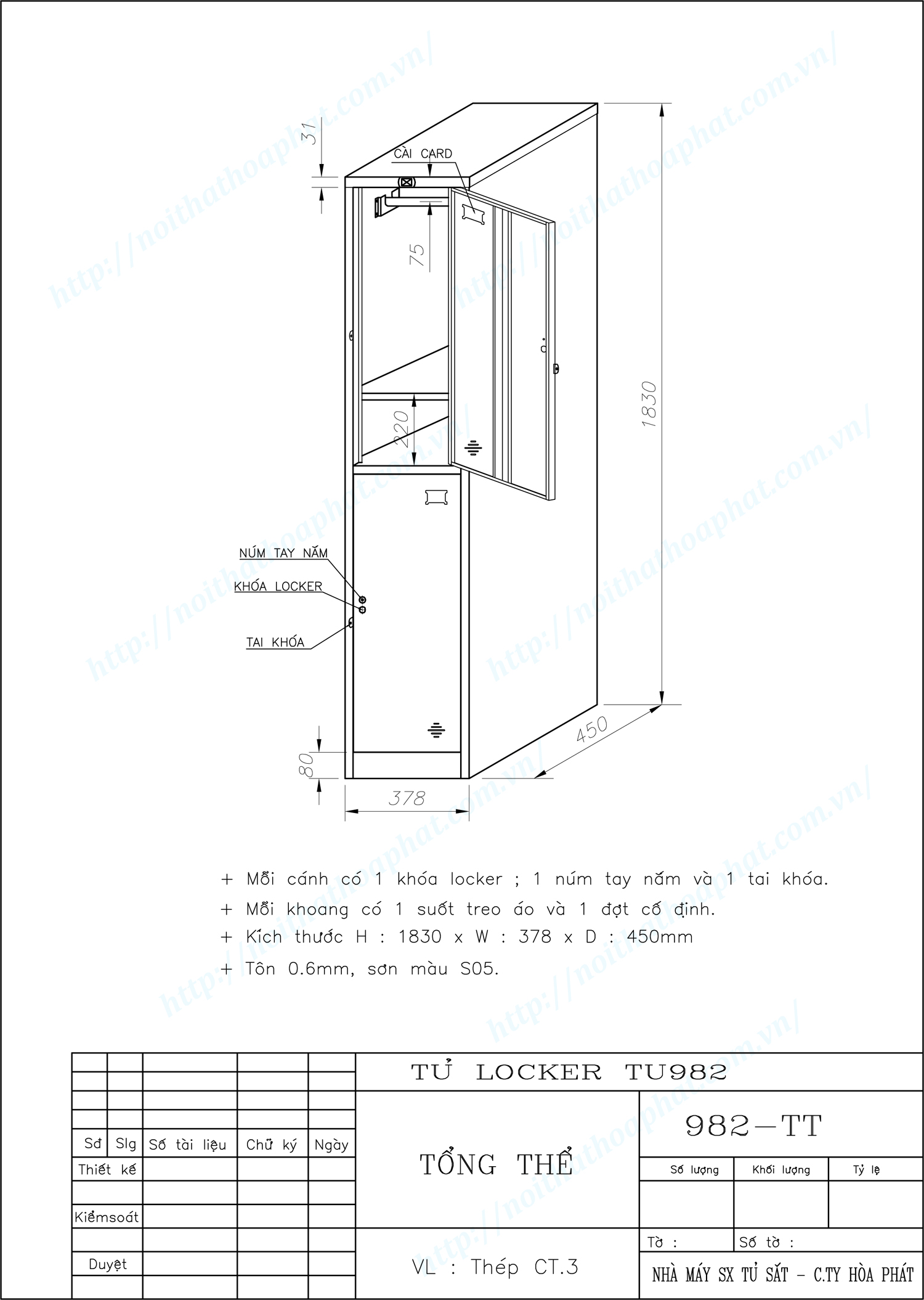 Bản vẽ kỹ thuật tủ locker 2 ngăn TU982