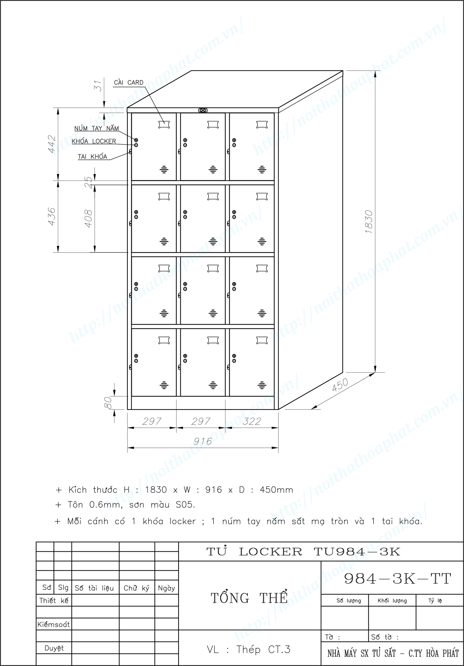 Bản vẽ kỹ thuật tủ locker 12 ngăn TU984-3K