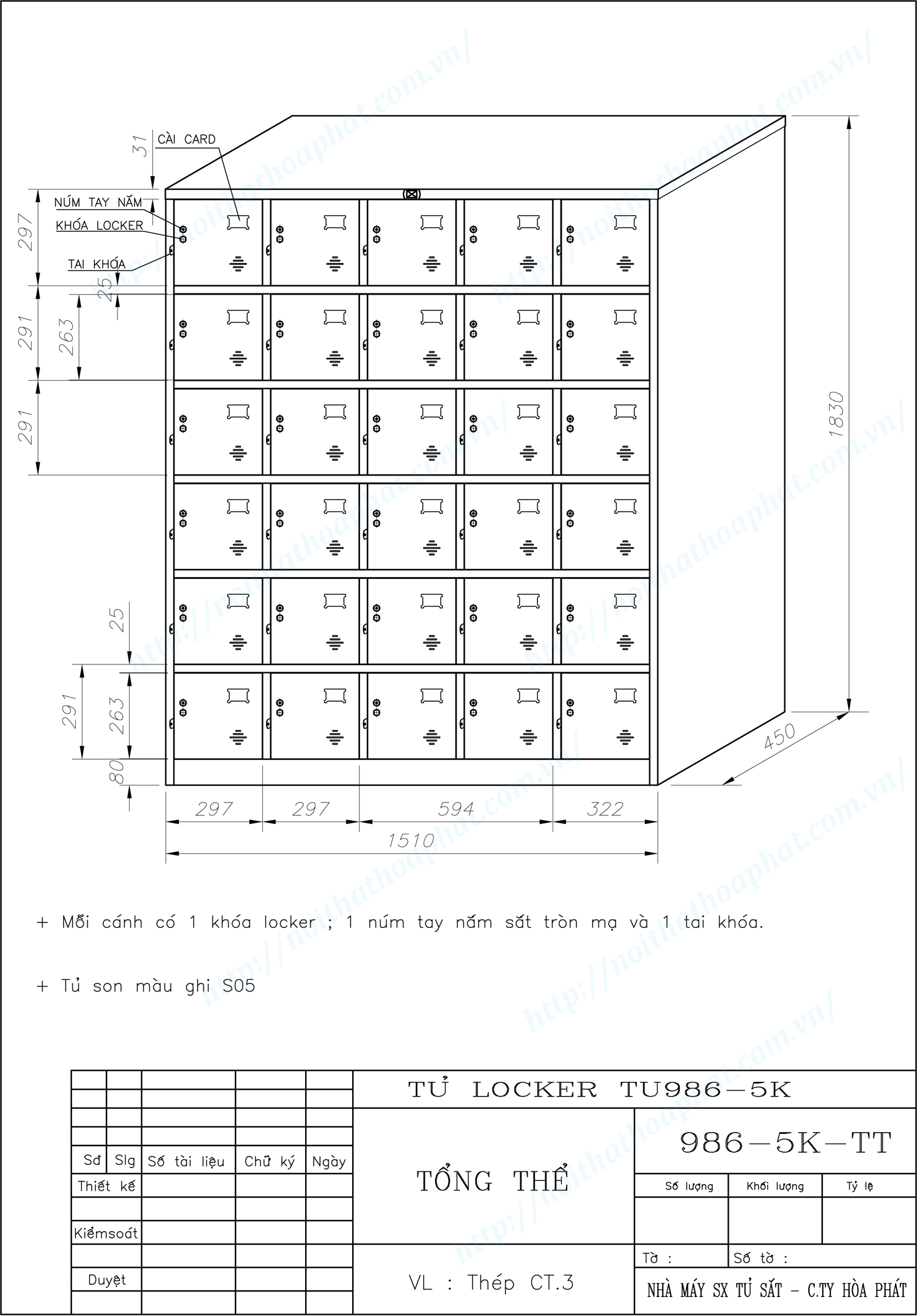 Bản vẽ kỹ thuật tủ locker 30 ngăn TU986-5K