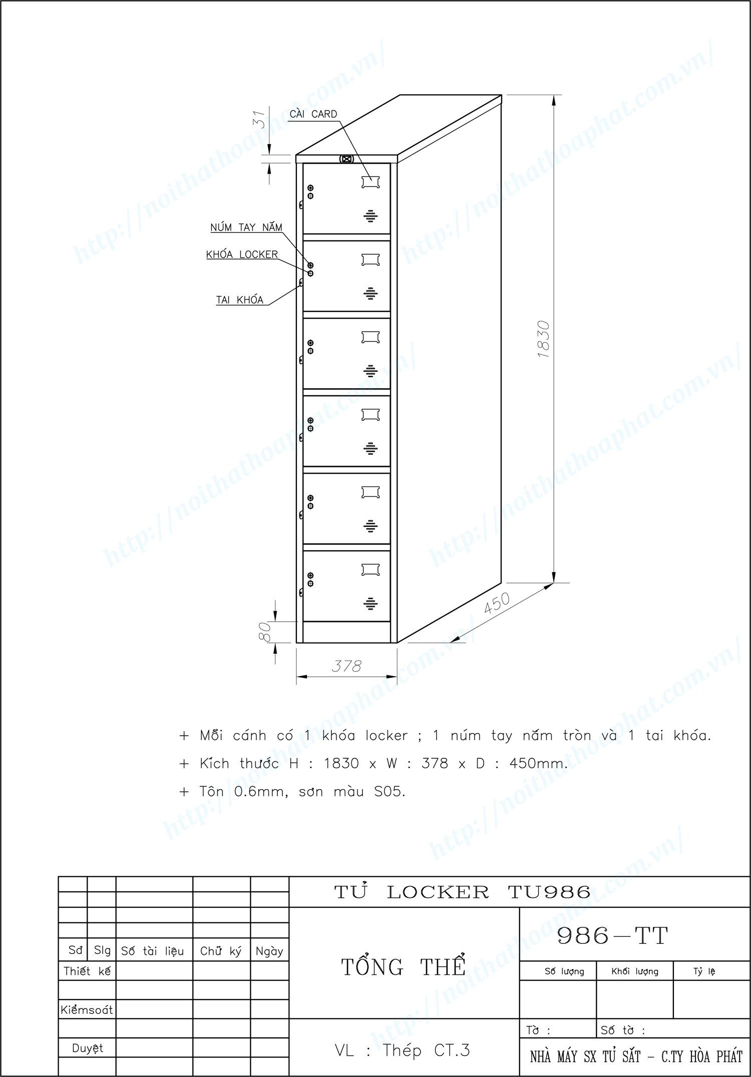 Bản vẽ kỹ thuật tủ locker 6 ngăn TU986