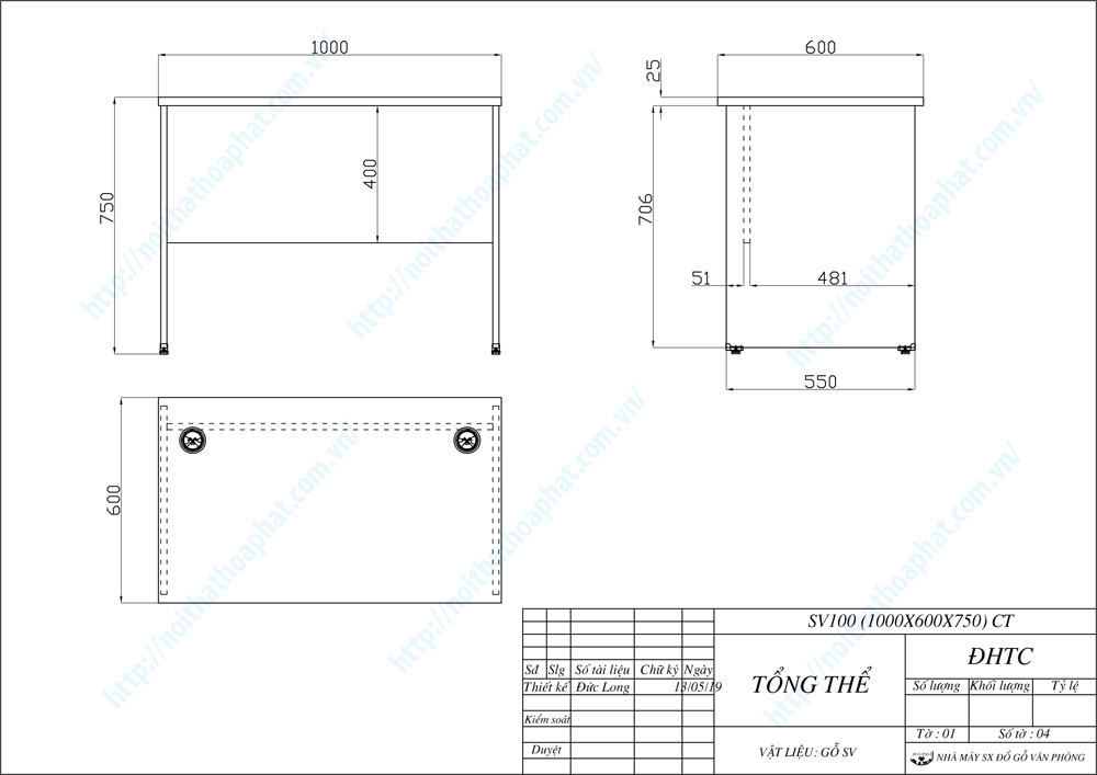 Bản vẽ thiết kế bàn làm việc SV100