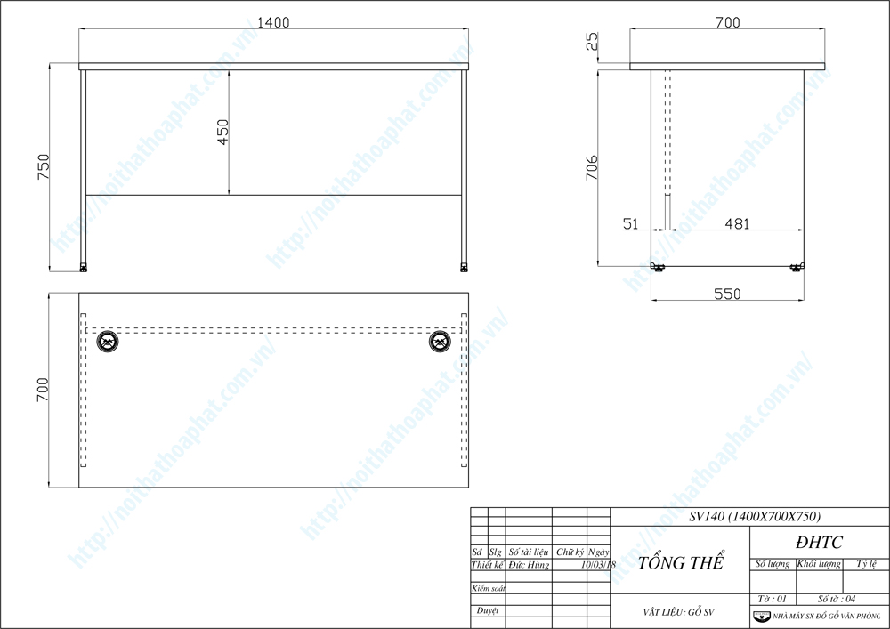 Bản vẽ thiết kế bàn làm việc 1m4 SV140