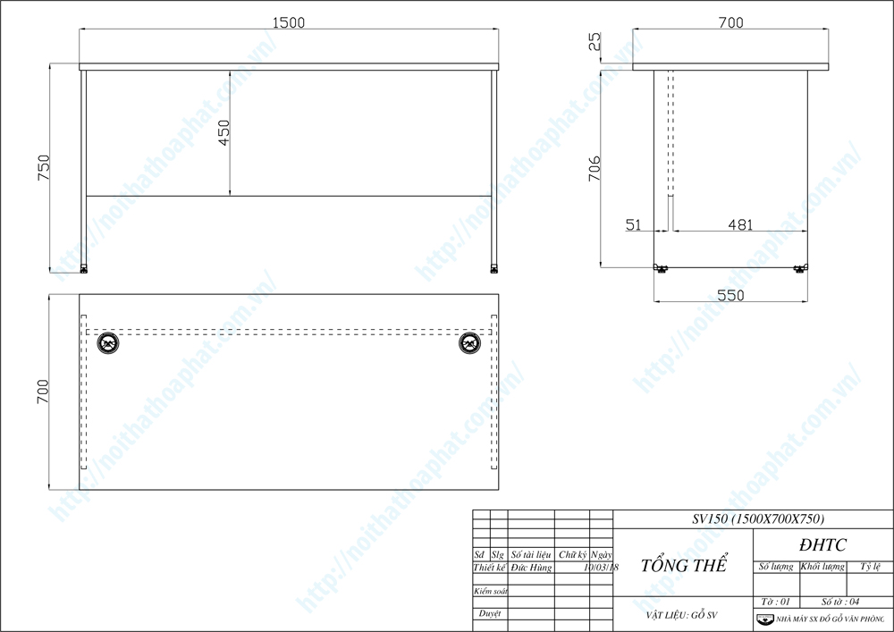 Bản vẽ thiết kế bàn nhân viên 1m5 SV150
