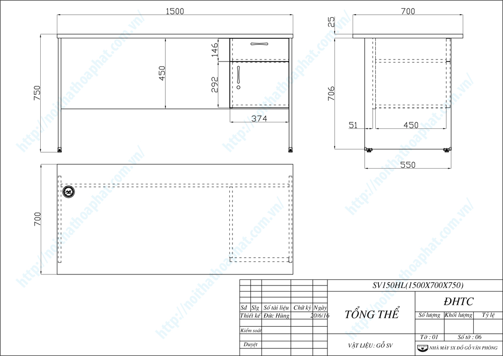 Bản vẽ thiết kế bàn văn phòng 1m5 SV150HL