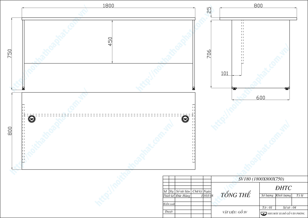 Bản vẽ thiết kế bàn văn phòng 1m8 SV180