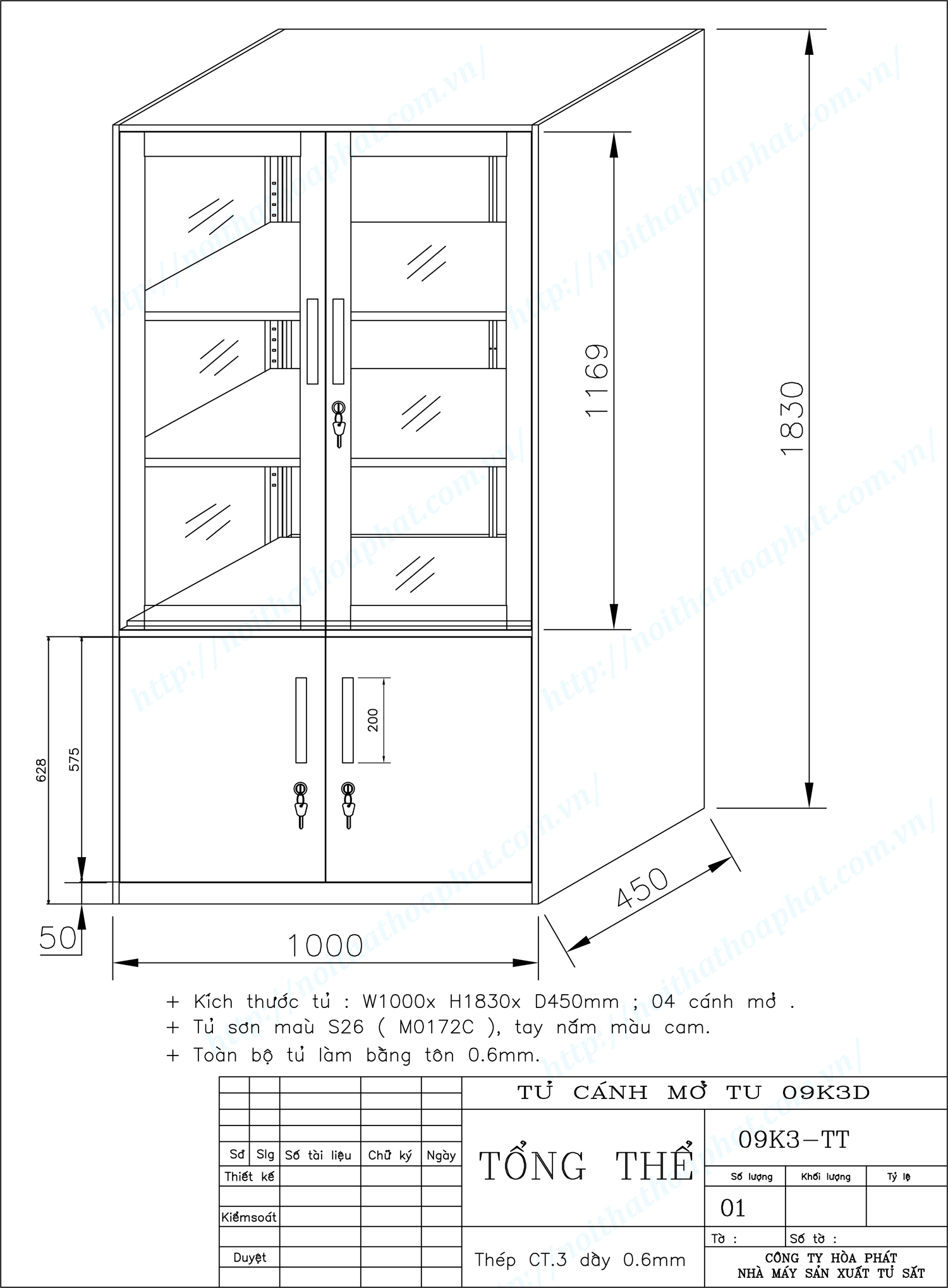 Bản vẽ kỹ thuật thiết kế tủ hồ sơ cánh mở TU09K3D