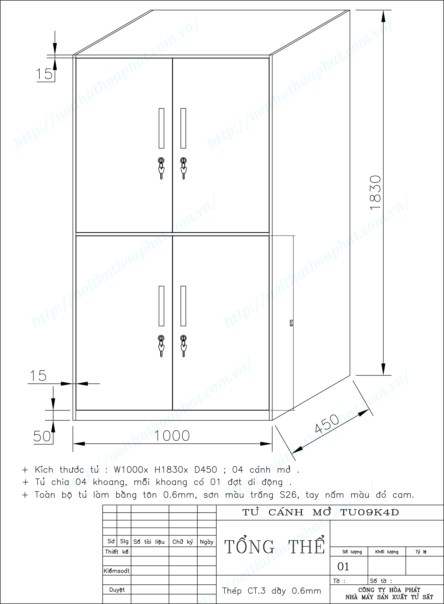 Bản vẽ kỹ thuật thiết kế tủ sắt 4 khoang TU09K4D