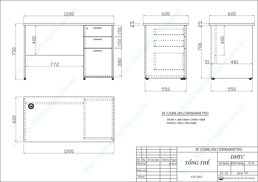 Bản vẽ thiết kế bàn làm việc hộc liền 3 ngăn SV120SHL3D