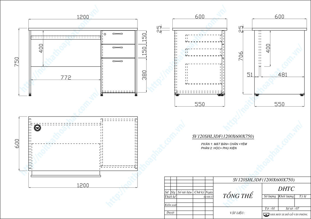 Bản vẽ thiết kế bàn máy tính hộc liền SV120SHL3DF