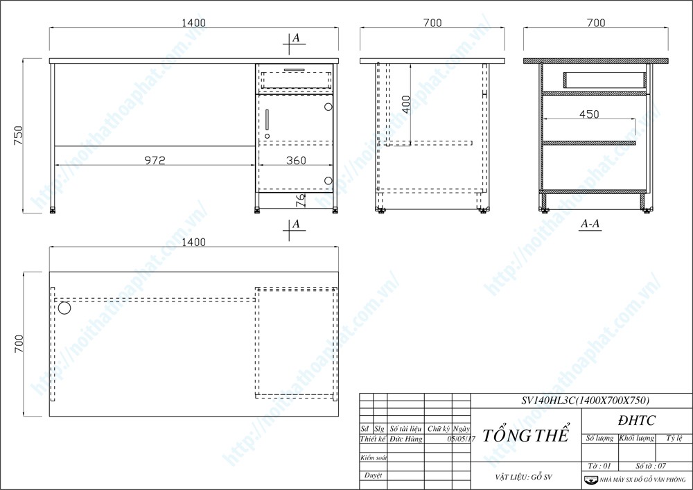 Bản vẽ thiết kế bàn nhân viên hộc liền 1m4 SV140HL3C