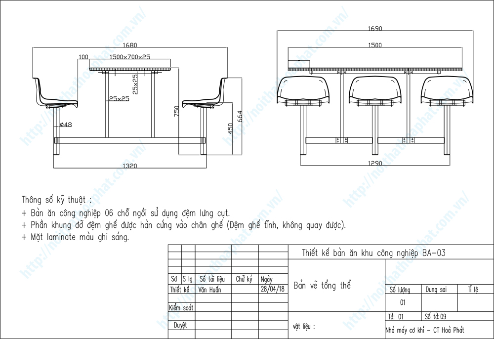 Bản vẽ thiết kế tổng thể bộ bàn ghế ăn 6 chỗ ngồi BA03