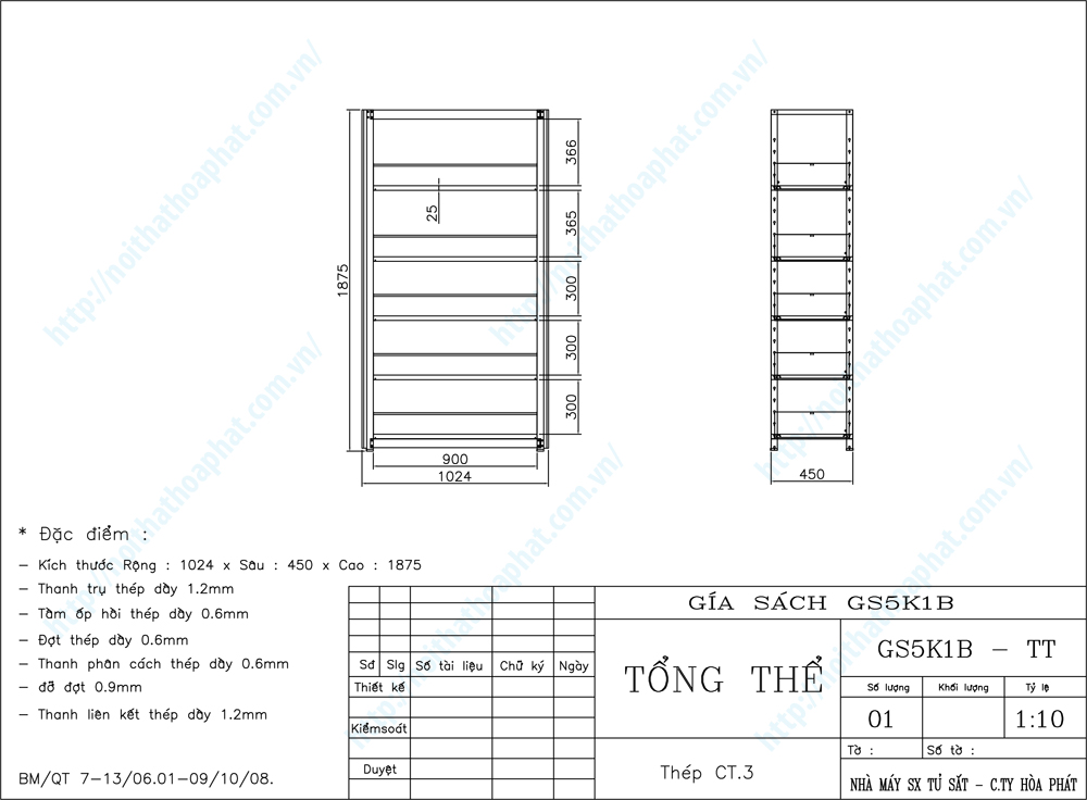 Bản vẽ thiết kế tổng thể kệ sách thư viện 5 tầng GS5K1B