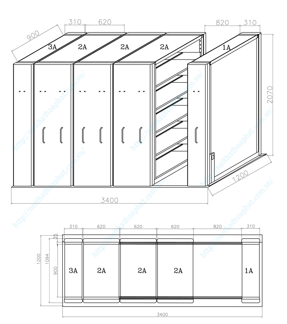 Bản vẽ thiết kế tổng thể tủ hồ sơ di động MCF2DL
