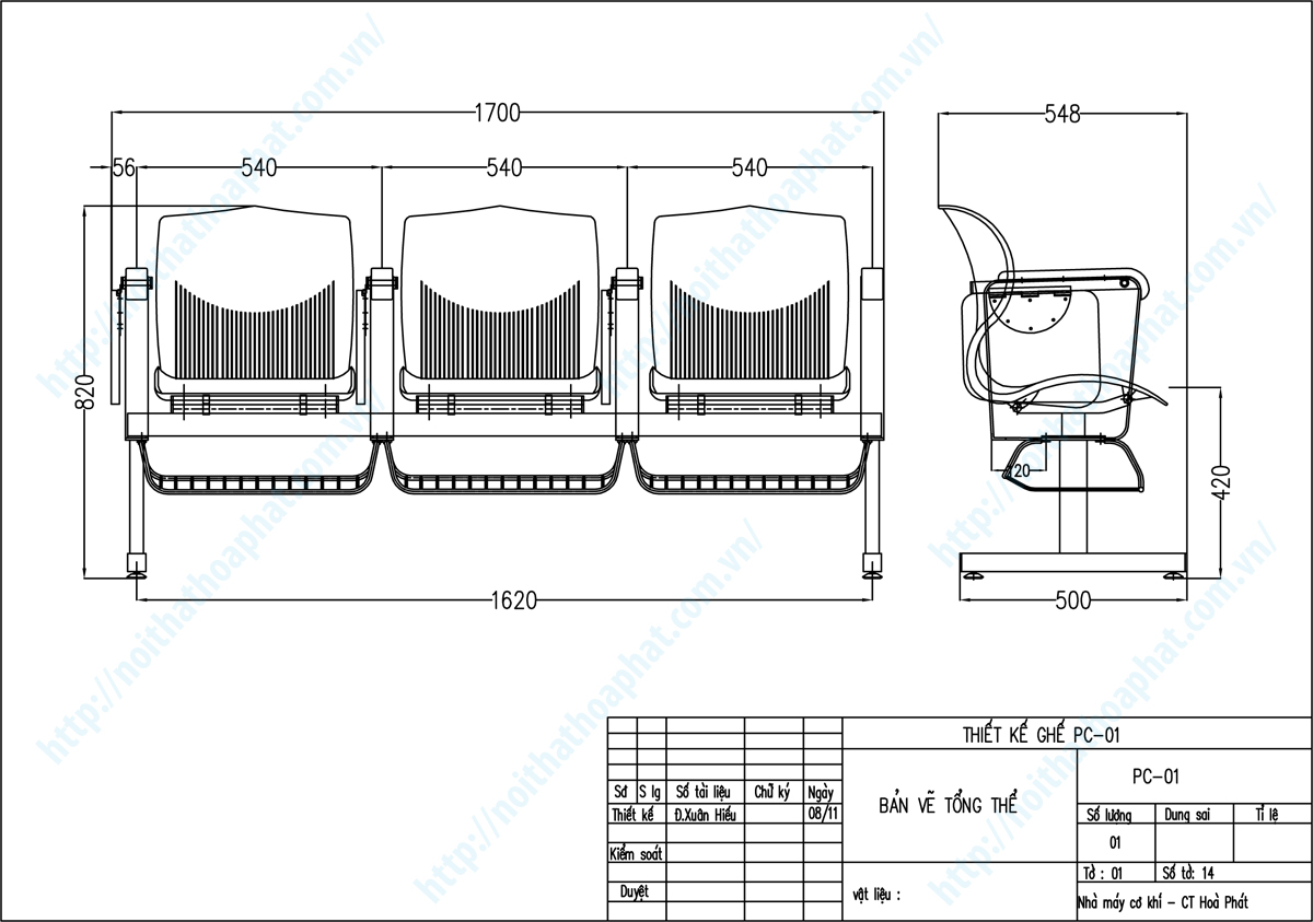 Bản vẽ thiết kế tổng thể ghế băng chờ PC01