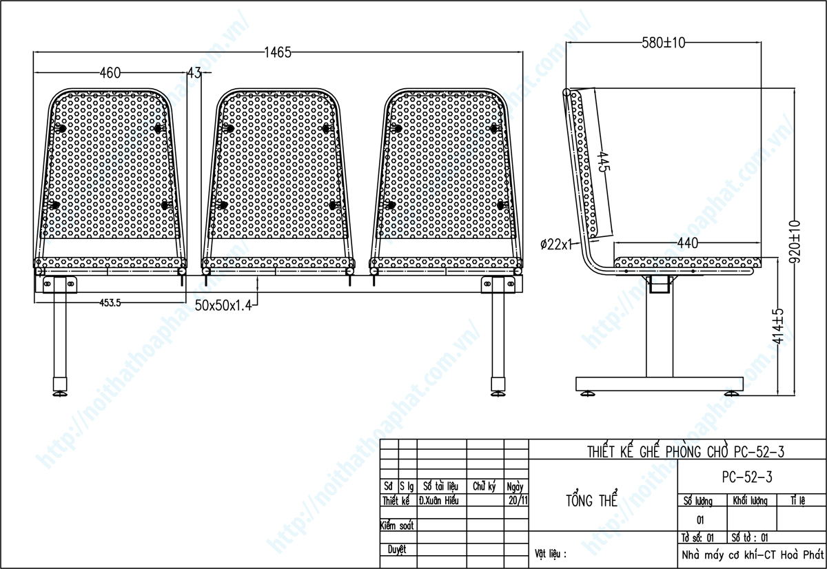 Bản vẽ thiết kế tổng thể ghế băng chờ PC52-3