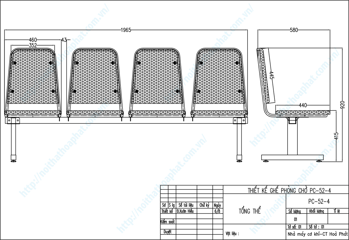 Bản vẽ thiết kế tổng thể ghế băng chờ PC52-4
