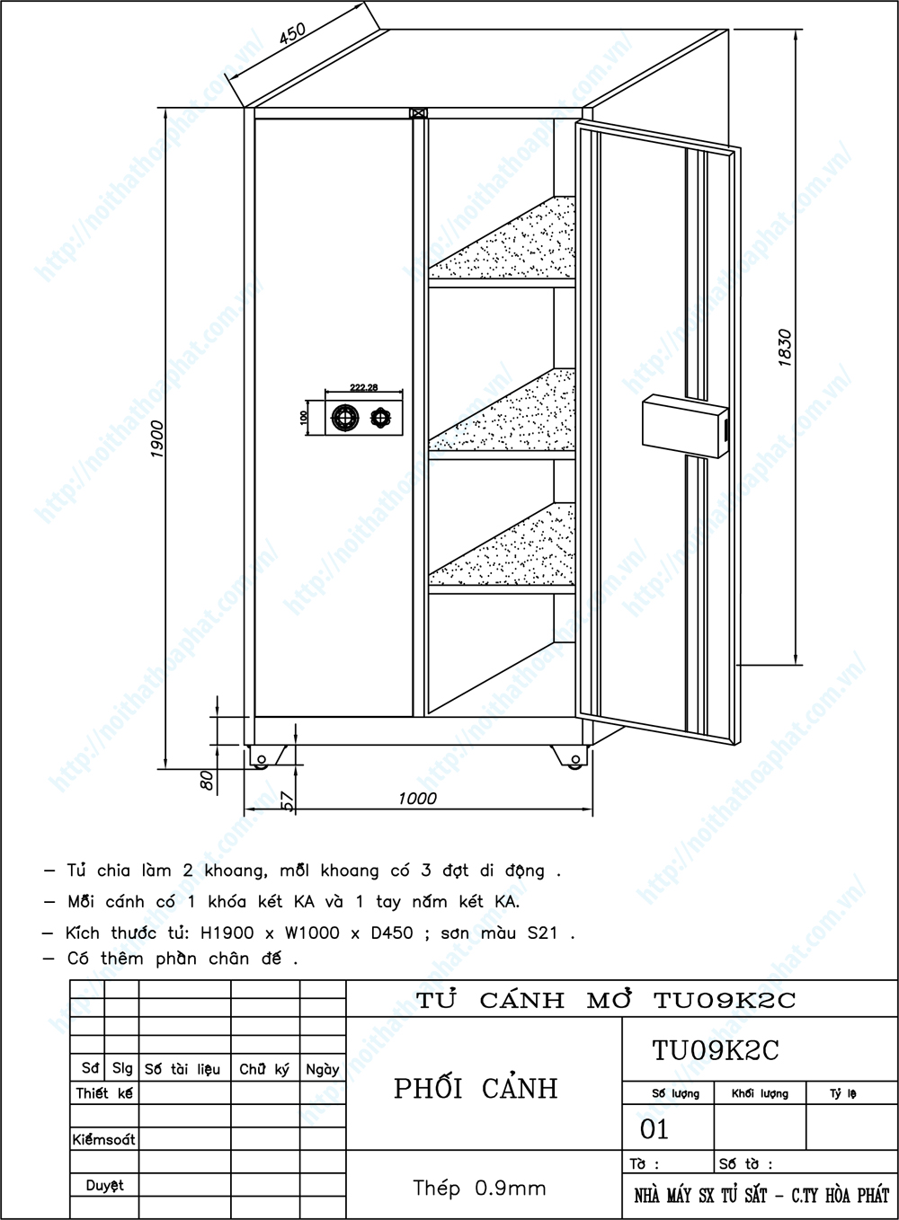 Bản vẽ thiết kế tổng thể tủ sắt an toàn TU09K2C