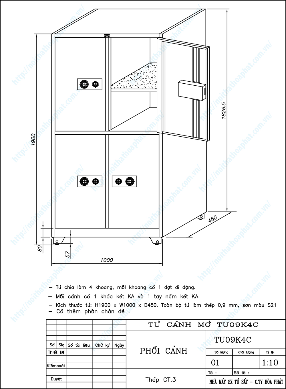 Bản vẽ thiết kế tổng thể tủ sắt an toàn TU09K4C