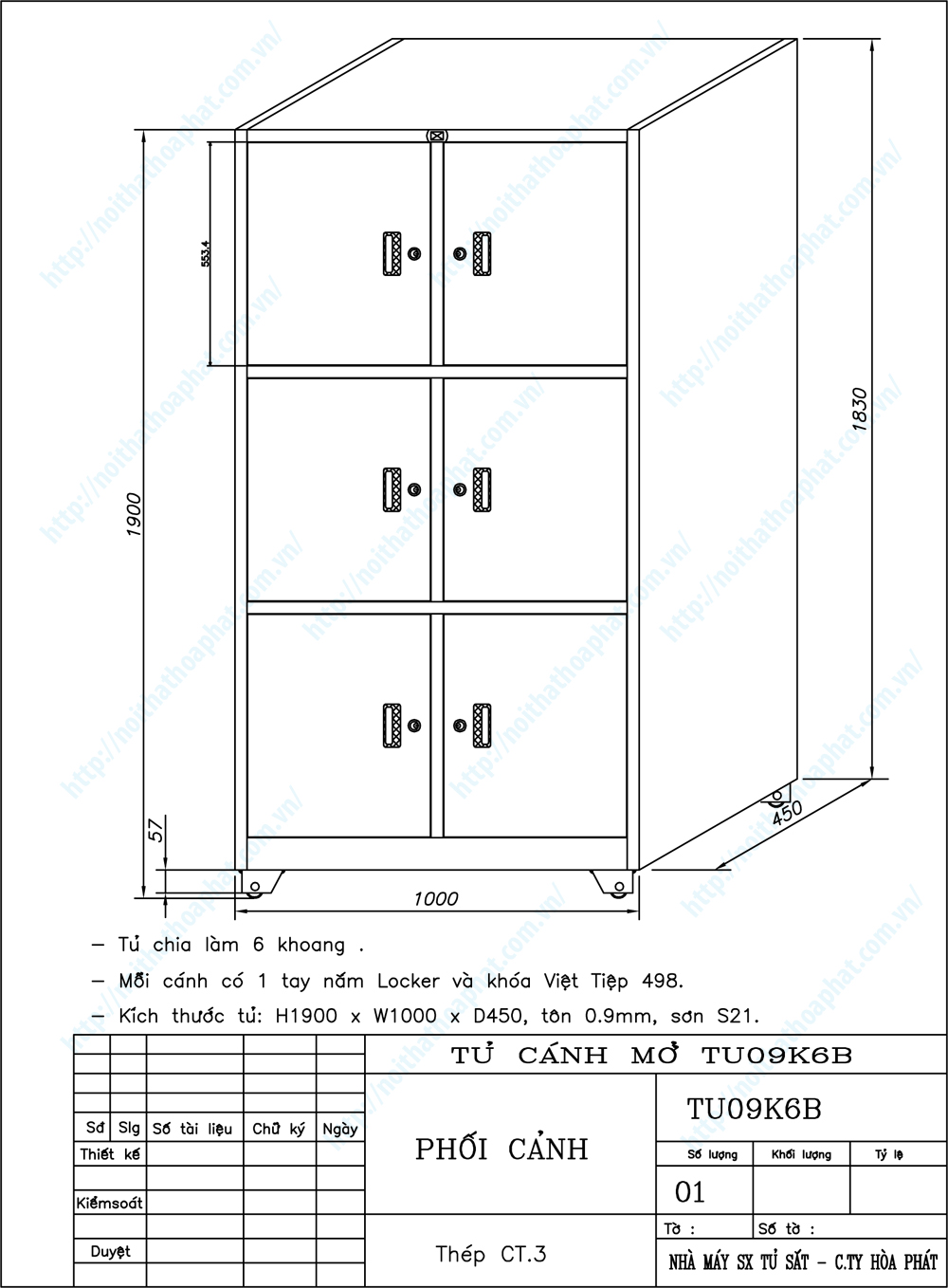 Bản vẽ thiết kế tổng thể tủ sắt an toàn 6 khoang TU09K6B