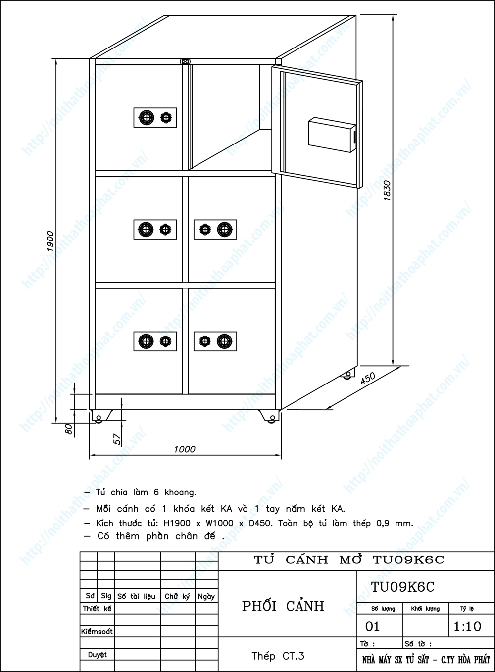 Bản vẽ thiết kế tổng thể tủ sắt 6 ngăn TU09K6C