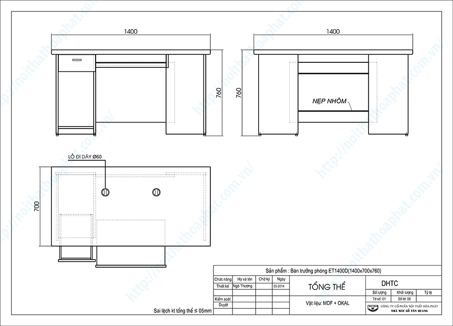 Bản vẽ thiết kế tổng thể bàn trưởng phòng ET1400D