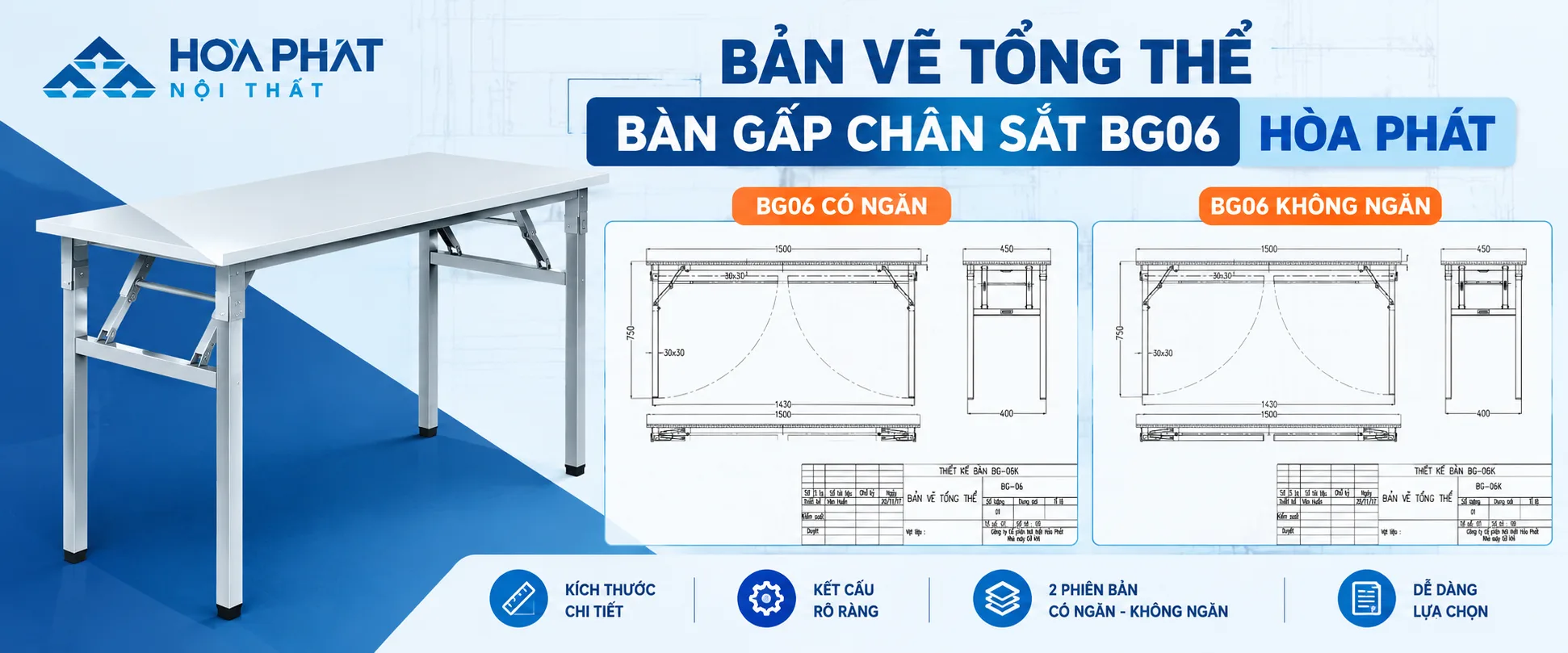 Bản Vẽ Bàn Gấp Chân Sắt BG06 Hòa Phát Có Ngăn, Không Ngăn