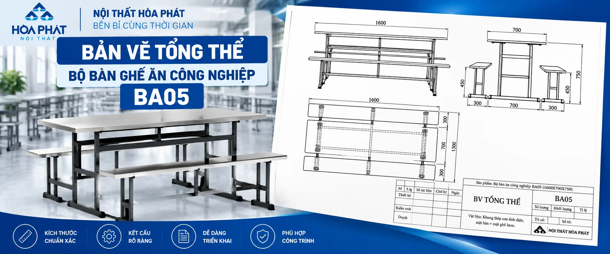 Bản Vẽ Bộ Bàn Ghế Ăn Công Nghiệp BA05 Hòa Phát
