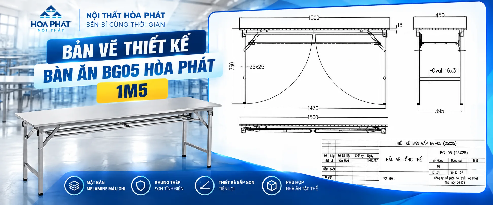 Bản Vẽ Thiết Kế Bàn Ăn BG05 Hòa Phát 1m5 | Kích Thước & Cấu Tạo