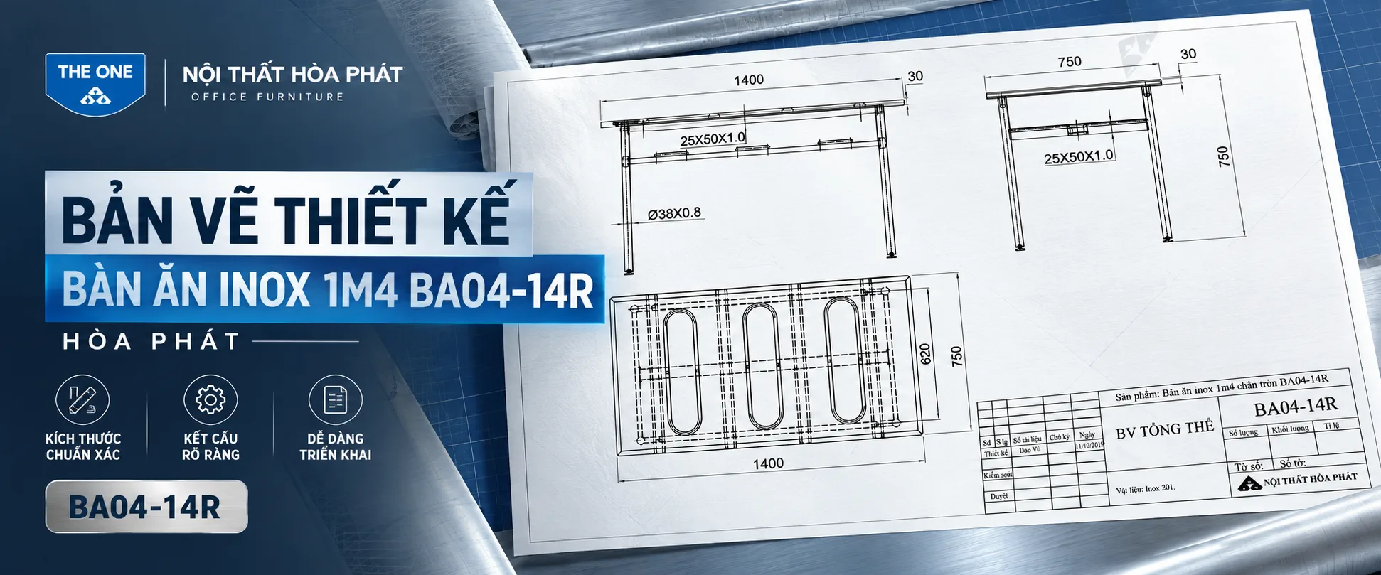 Bản Vẽ Thiết Kế Bàn Ăn Inox 1m4 BA04-14R Hòa Phát