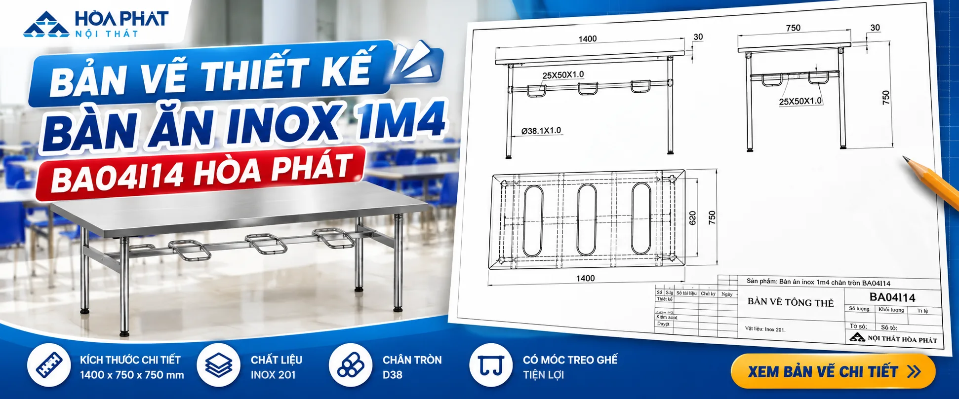 Bản Vẽ Thiết Kế Bàn Ăn Inox 1m4 BA04I14 Hòa Phát