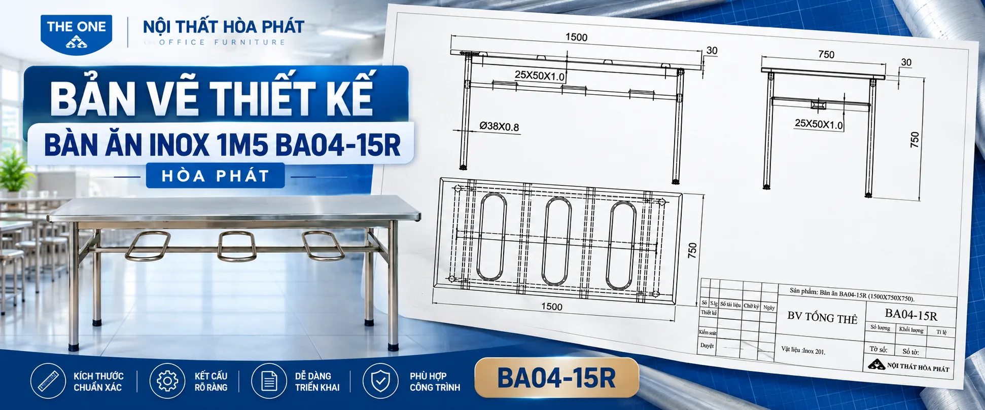 Bản Vẽ Thiết Kế Bàn Ăn Inox 1m5 BA04-15R Hòa Phát